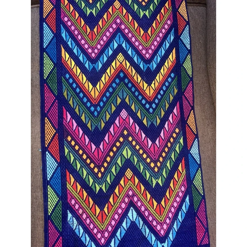 Guatemalan Woven Table Runner Blue Colorful Birds Vibrant Wall Hanging